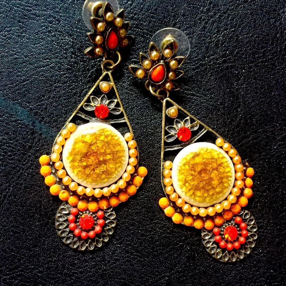 Statement Earrings. Post Dangles Orange Rhinestone - image 3